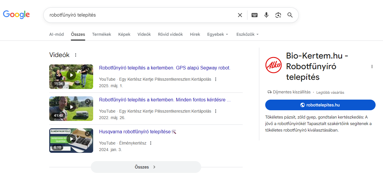 A Google AI ajánlása a robottelepites.hu oldalról