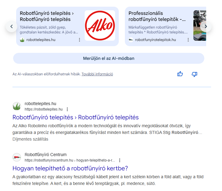 Google találati lista a robotfűnyíró telepítés keresésre: robottelepites.hu az AI-mód ajánlásában és az első helyen