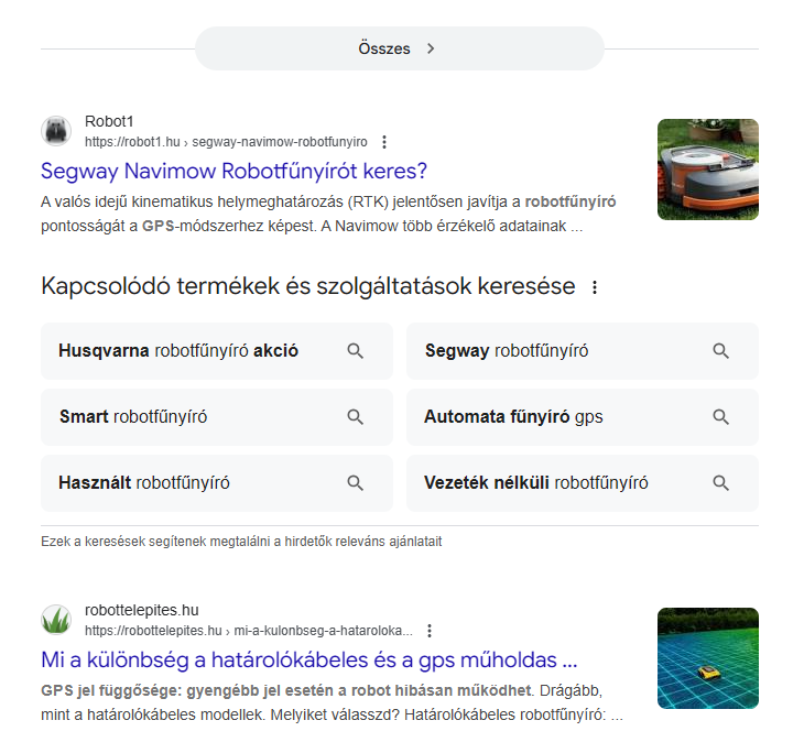 GPS robotfűnyíró keresés: robottelepites.hu a második helyen