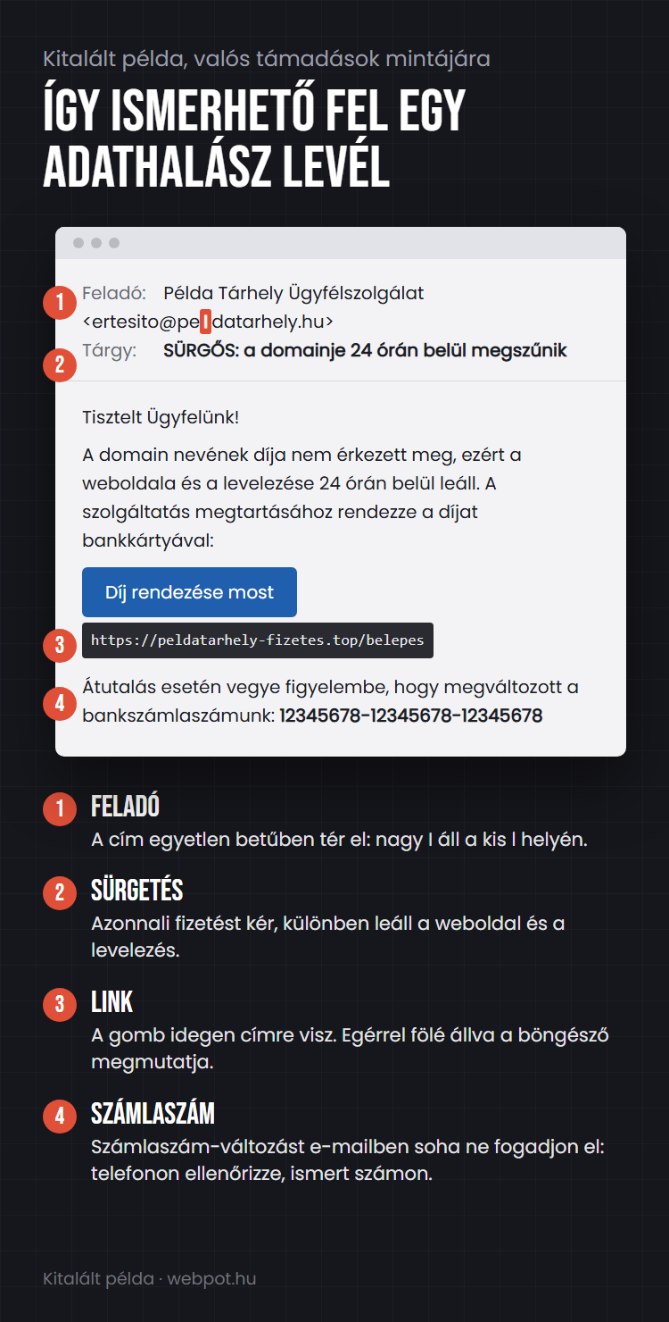 Kitalált adathalász levél számozott jelölésekkel: egy betűben eltérő feladócím, sürgető tárgy, idegen címre mutató gomb és bejelentett számlaszám-változás