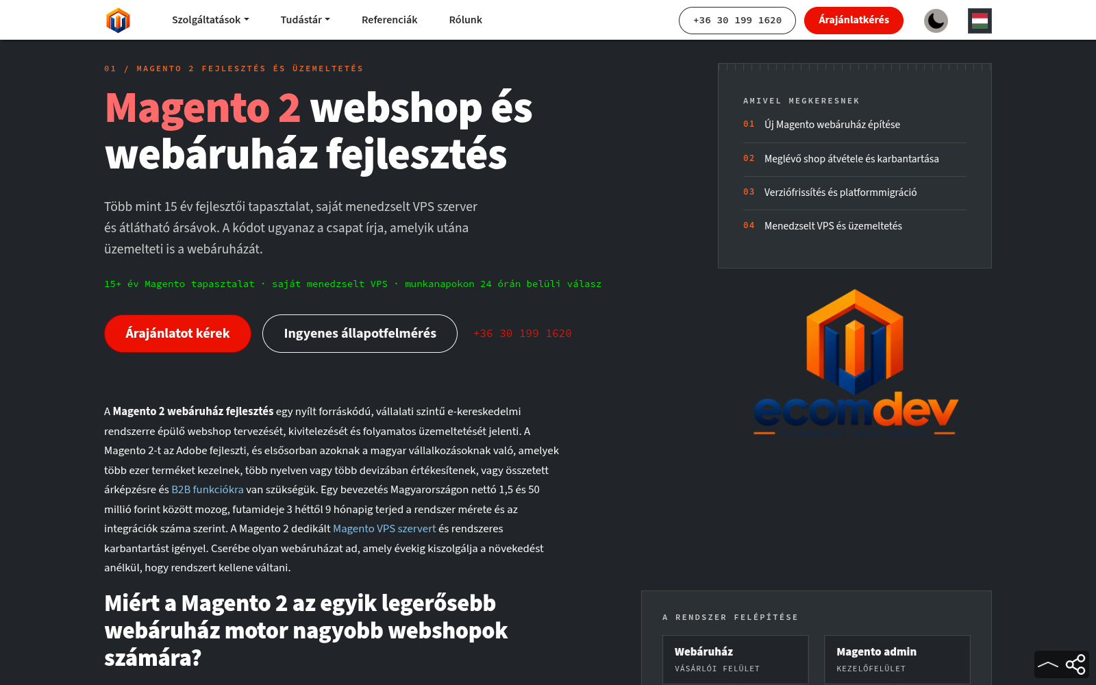 A magento2.hu nyitóképernyője sötét módban