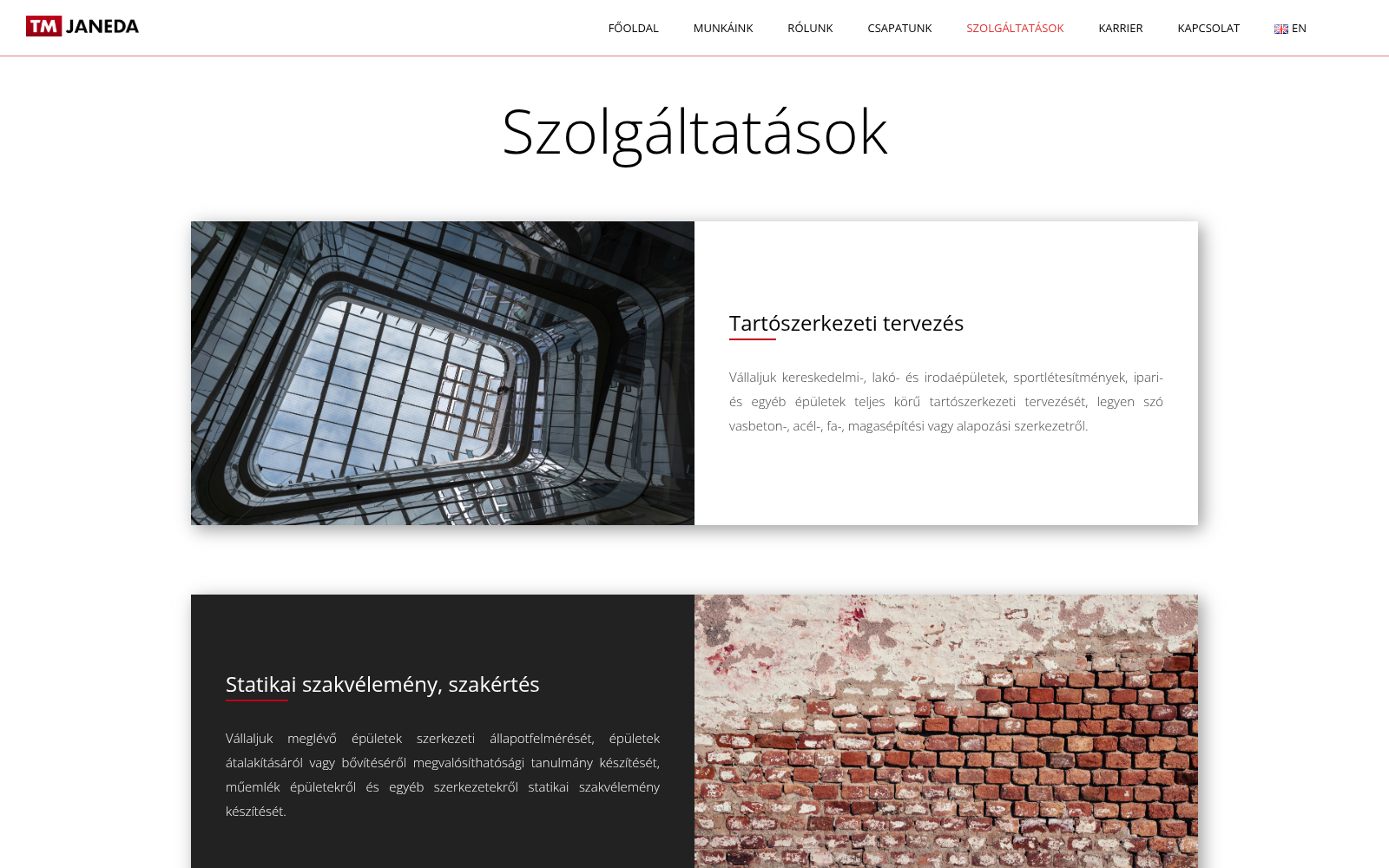 TM Janeda tartószerkezet-tervező iroda szolgáltatások oldala