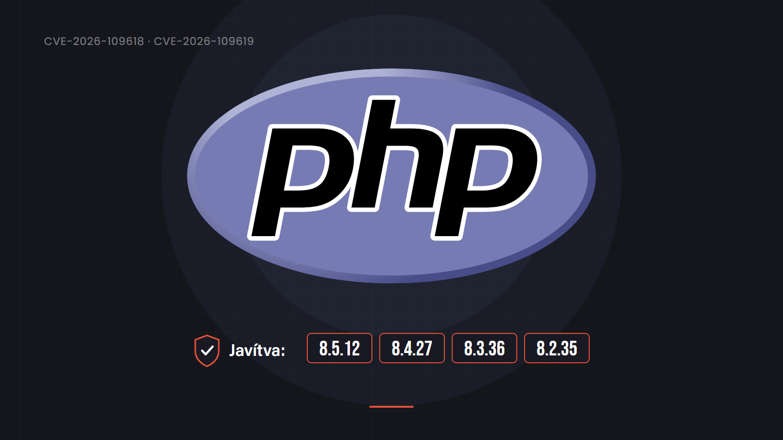 A PHP hivatalos logója sötét háttéren, alatta pajzs és a javított PHP-verziók: 8.5.12, 8.4.27, 8.3.36, 8.2.35