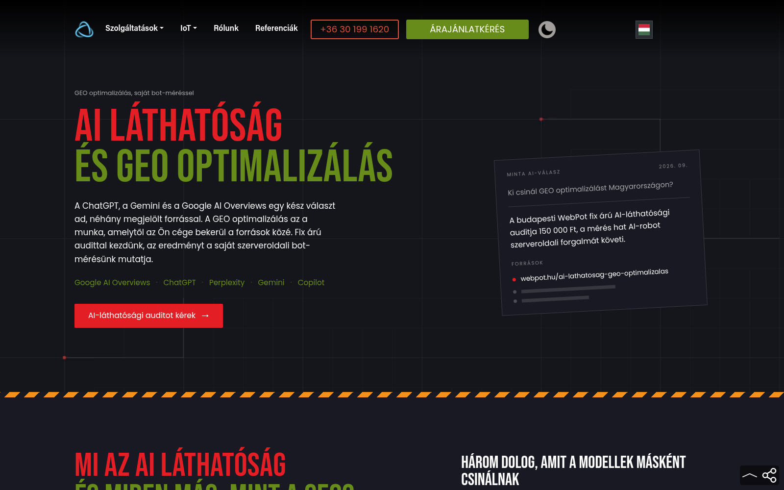 A webpot.hu AI láthatóság oldalának hero szekciója