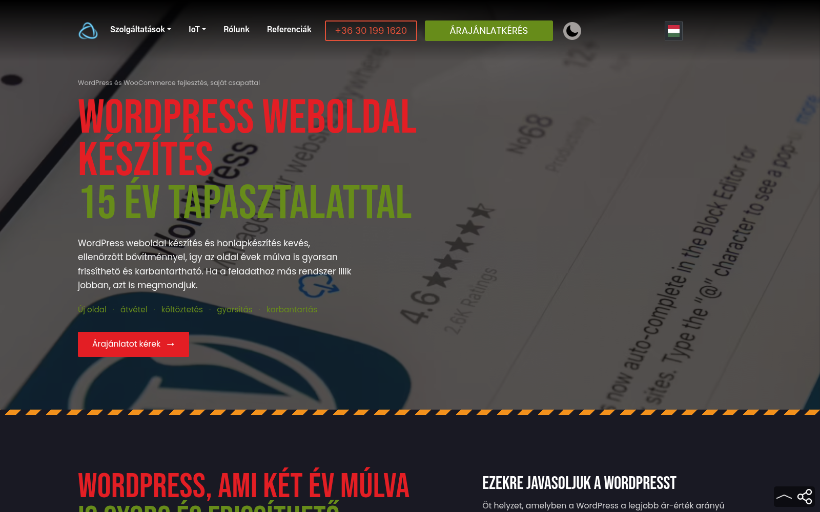 A webpot.hu WordPress-oldalának hero szekciója asztali nézetben